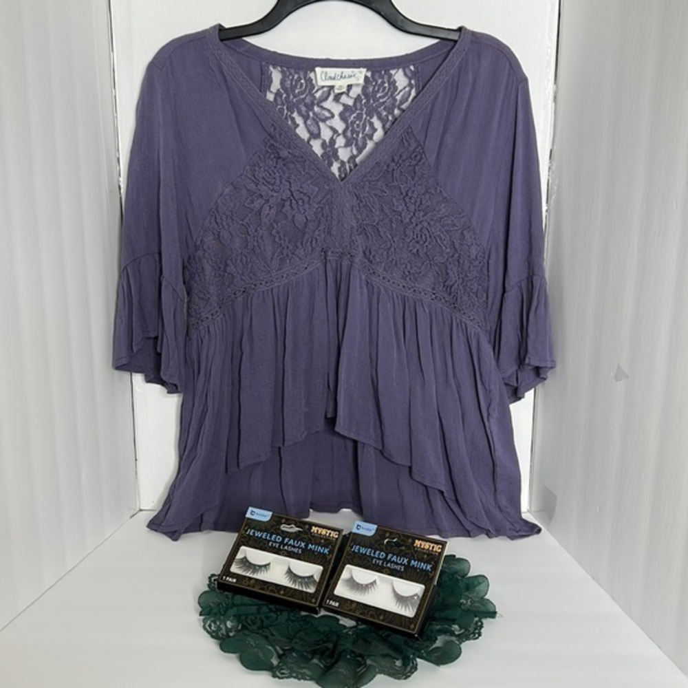 CLOUD CHASER WOMANS DARK LAVENDER BLOUSE SIZE MEDIUM AND MYSTIC EYELASHES
